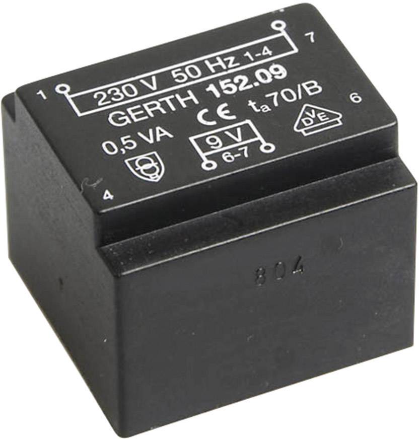 Black electric transformer with print: '230V 50Hz 1-4, GERTH 152.09, 0.5VA, CE, ta 70/B, 9V, 6-7'.