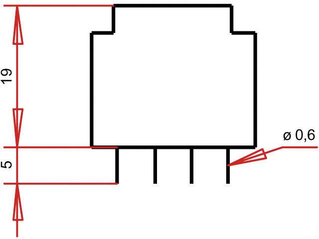 Technical drawing of a plug model with dimensions: height 19 mm, width 5 mm, pin diameter 0.6 mm.