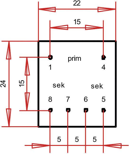 'Sketch of an electrical connector with primary terminals at the top and secondary terminals at the bottom, dimensions in millimetres.'