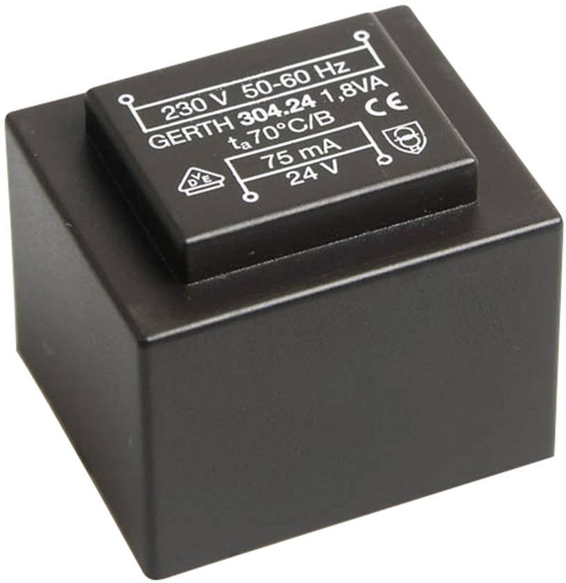 Rectangular transformer with inscription '230 V 50-60 Hz', model 'GERTH 304.24', output '24 V/75 mA', black casing.