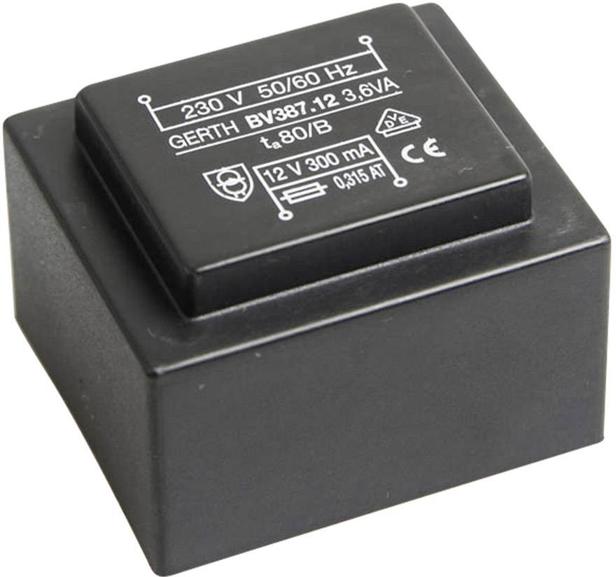 Black transformer with inscription: '230 V 50/60 Hz, GERTH BV387.12 3.6 VA, 12 V 300 mA'. CE mark present.<br><br>Note: In British English, decimal points are typically used instead of commas for decimal values, hence '3.6' instead of '3,6'.
