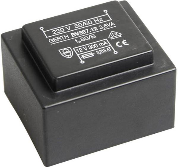 Gerth PTG381202 PCB mount transformer 1 x 230 V 2 x 6 V AC 3.60 VA 300 mA