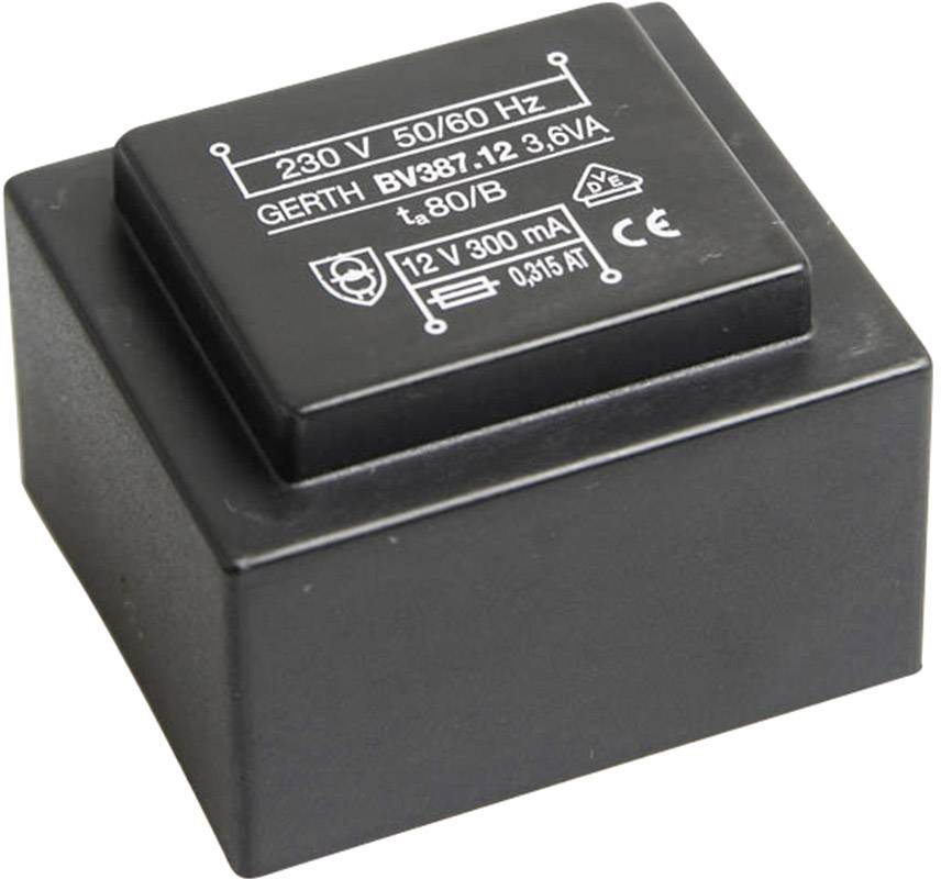 A black transformer with the inscription '230 V, 50/60 Hz, GERTH BV387.12 3.6VA, 12 V 300 mA'. Rectangular shape.