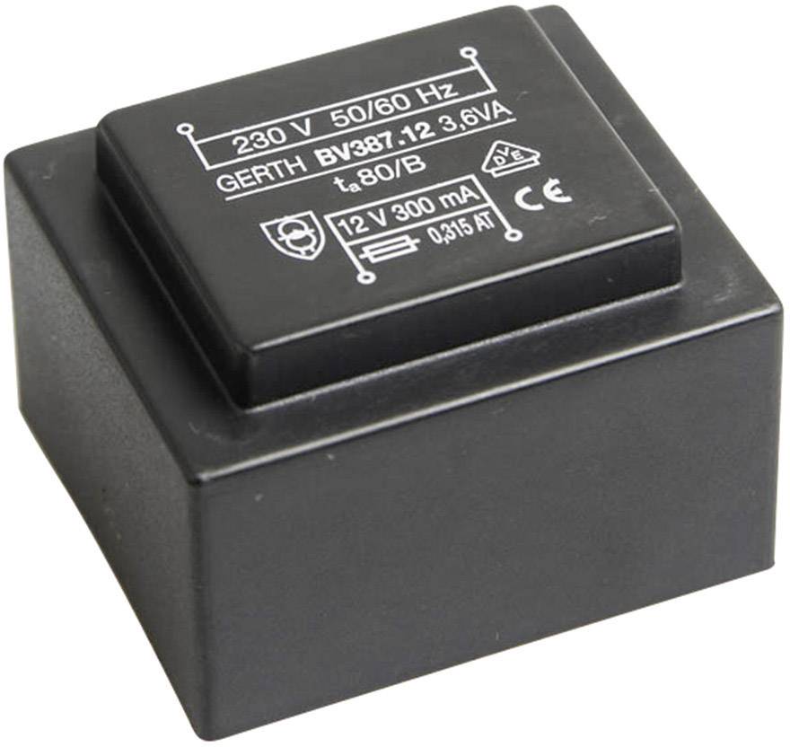 Black transformer with inscription: '230 V 50/60 Hz, 12 V 300 mA'. Used for electrical current conversion.<br><br>Note: The text is already in British English, so no translation was necessary.