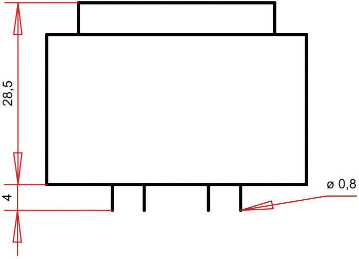 Schema of a rectangular component with dimensions: height 28.5, width 4, and a connection with a diameter of 0.8 on the right side.
