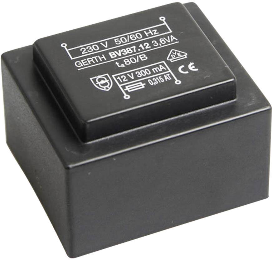 A black transformer with print '230 V 50/60 Hz, GERTH BV387.12 3.6 VA, 12 V 300 mA'.