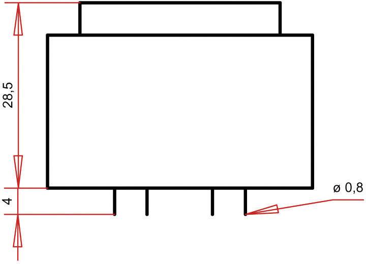 Technical drawing of a rectangular component with dimensions: width 28.5 mm, height 4 mm, and diameter of 0.8 mm at one point.