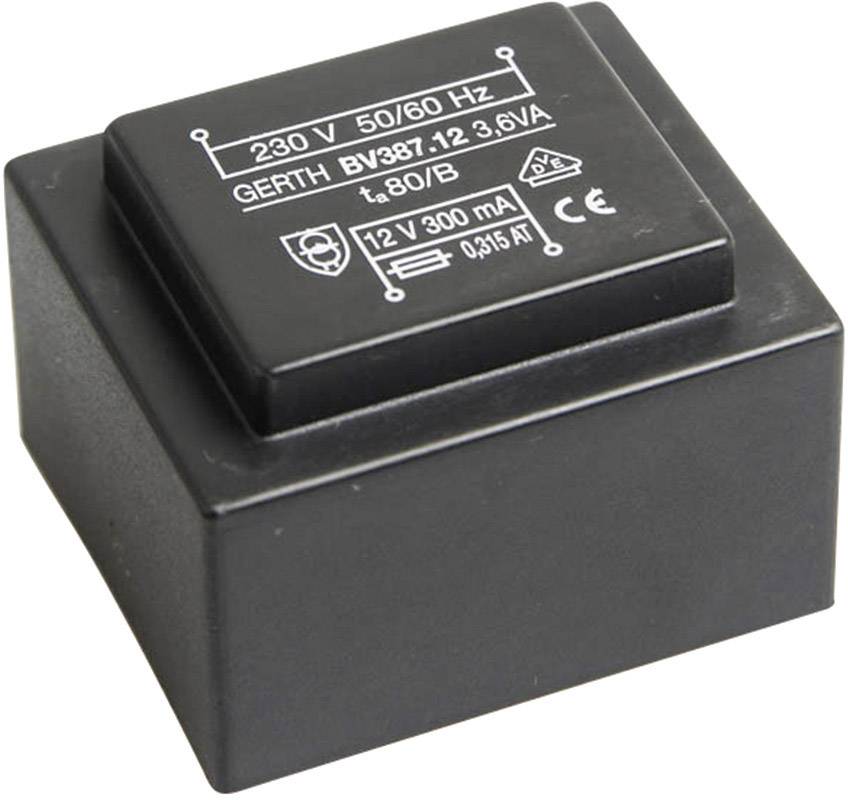 A black transformer with the inscription '230 V, 50/60 Hz, 12 V 300 mA'. The brand name and model are also visible.