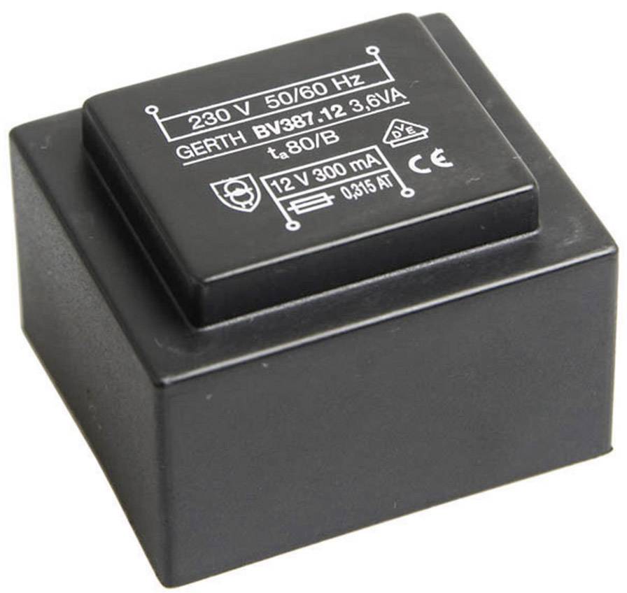 Black electric transformer with inscription '230 V 50/60 Hz, GERTH BV387.12 3.6VA, 12V 300mA'.
