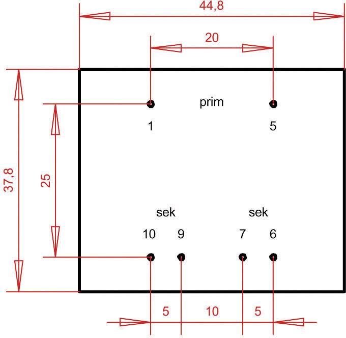 A rectangular diagram shows measurements in red: 44.8 at the top, 37.8 on the left, 25 internally. Points with labels: 'prim' at the top, 'sek' at the bottom.