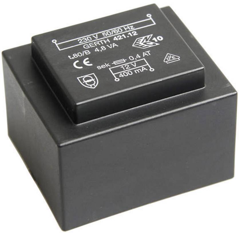 Black transformer with inscription '230 V 50/60 Hz'. 12 V output voltage, 400 mA output current.