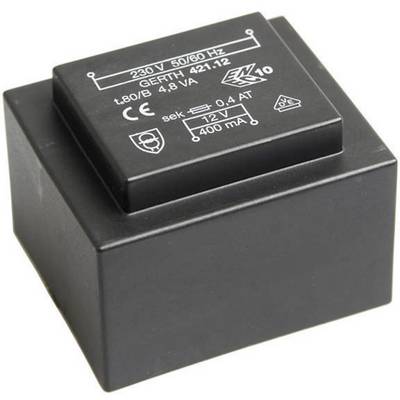 Black transformer with inscription '230 V 50/60 Hz'. 12 V output voltage, 400 mA output current.