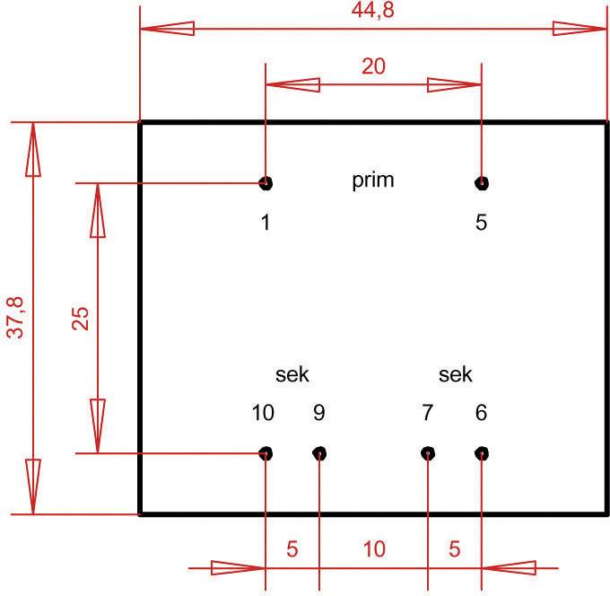 Rectangular diagram with dimensions: width 44.8 cm and height 37.8 cm. Points labelled 'prim' (top) and 'sec' (bottom).