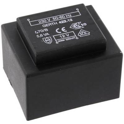 Black transformer with inscription: '230 V 50-60 Hz, GERTH 422.12, t70/B, 5.6 VA, 12 V, 500 mA'. CE and VDE symbols visible.