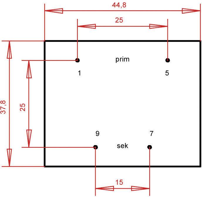 'Figure of a rectangle measuring 44.8 x 37.8. Labelled with primary and secondary drill holes at the corners and labels 1, 5, 7, 9.'