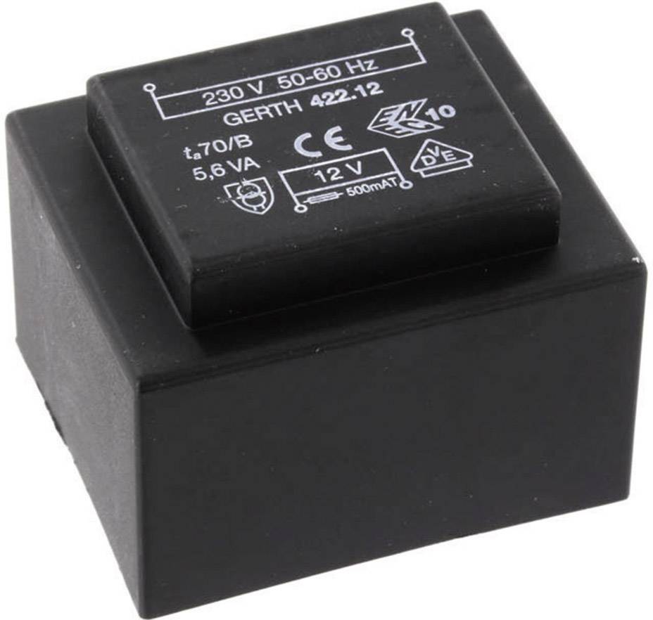'Black transformer with inscription: 230 V, 50-60 Hz, 12 V, 500 mA, 5.6 VA, CE mark and additional technical symbols and manufacturer identification.'