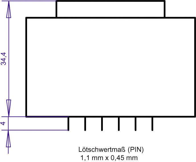Schema of a rectangular shape with connecting pins at the bottom, dimensions: width 34.4 mm, height 4 mm. Text below: 'Soldering pin (PIN) 1.1 mm x 0.45 mm'.