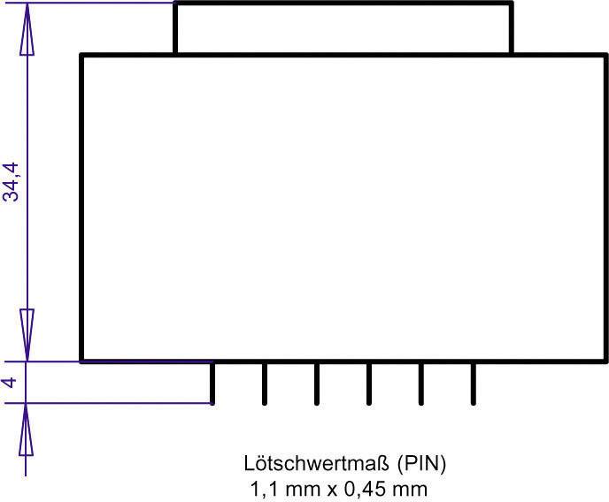Diagram of a rectangular electronic component with five pins at the bottom. Dimensions: 34.4 mm height, 4 mm width, and pins 1.1 mm x 0.45 mm.