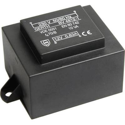 Black transformer marked '230 V, 50/60 Hz, 12V, 0.83A'. Used for electrical voltage conversion in equipment.