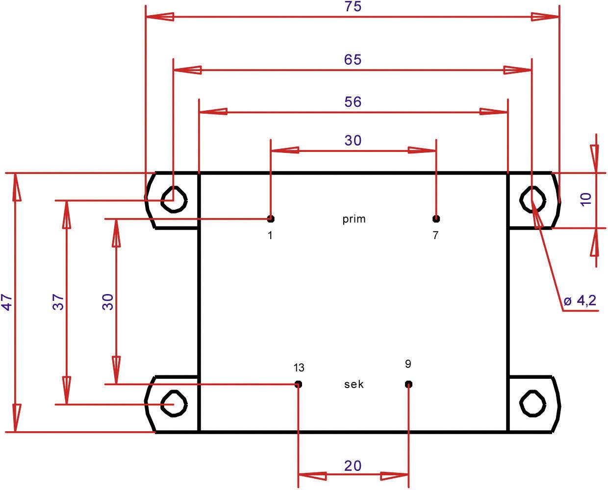 Technical Drawing of a Rectangular Object with Dimensions in Millimetres: Width 75, Height 47. Markings: prim, sec with details.