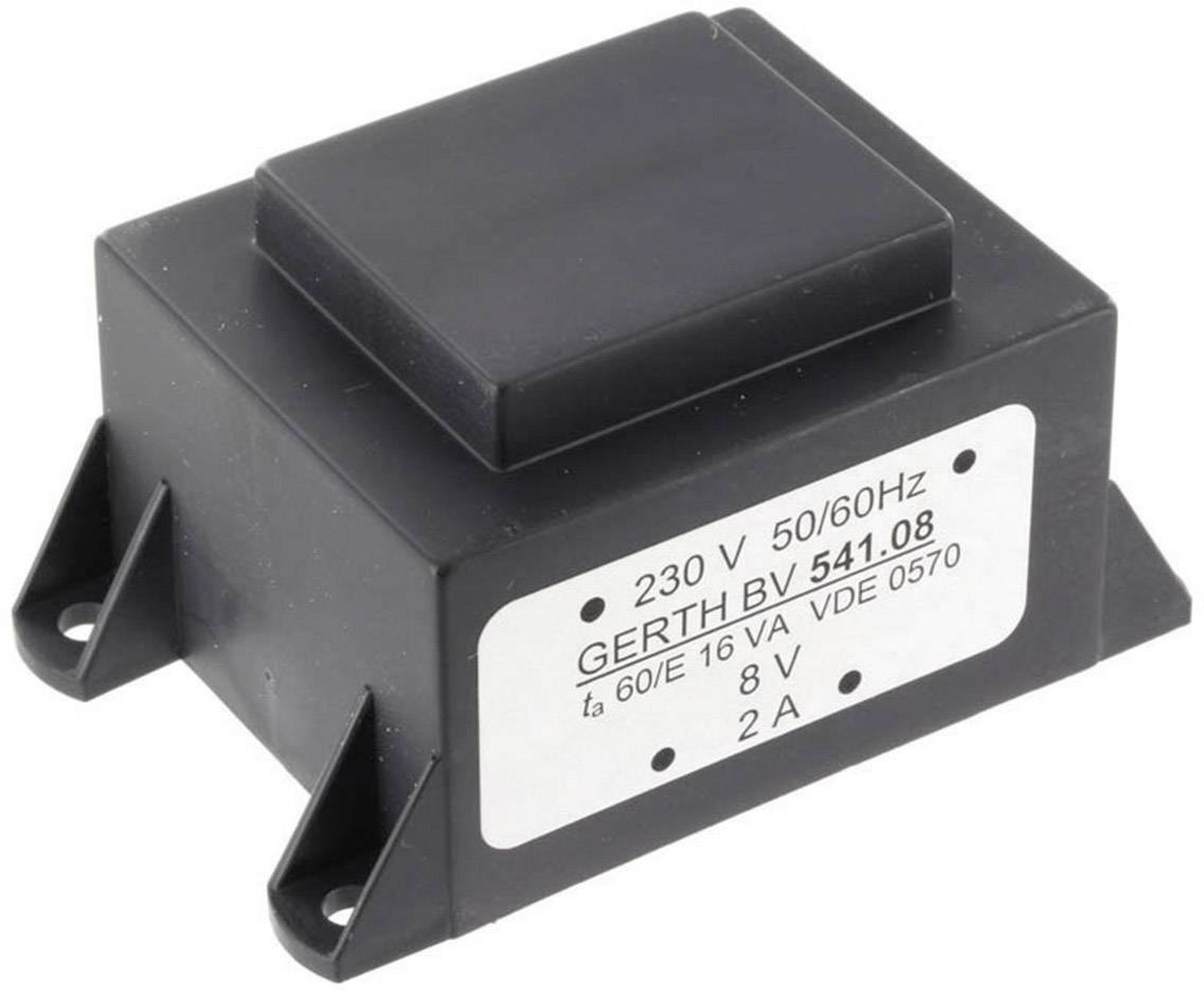 Black transformer with the inscription '230 V 50/60Hz, GERTH BV 541.08, tᵃ 60/E 16 VA VDE 0570, 8 V, 2 A'.