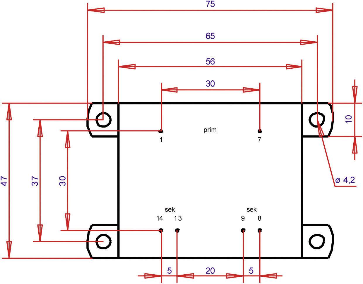 Technical drawing of a rectangular module with marked distances and diameters in millimetres. Dimensions and labels for technical professionals.