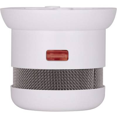 Smoke detector with a red warning light in the centre, white casing and black grille underneath.