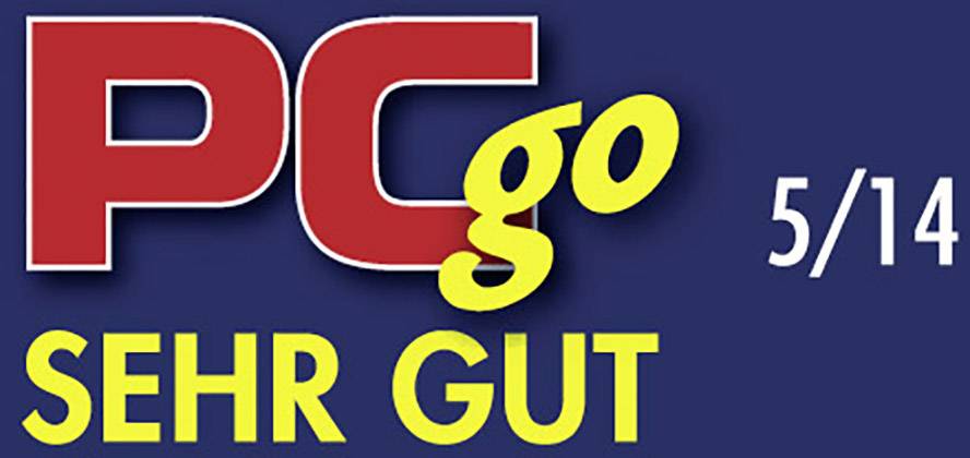 "PC goes VERY WELL 5/14" on a dark blue background, in yellow and red text.<br><br>Note: I've translated the German phrase into natural British English while preserving the original formatting description.