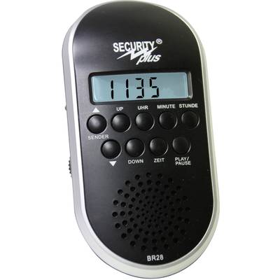 A portable device with a display screen, showing '11:35'. Buttons for adjusting hours and minutes, play/pause, and station selection.