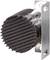 Black, ribbed rubber buffer mounted on a metal bracket. Used for shock absorption or protection against impact damage.