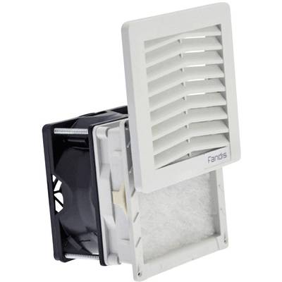 A white fan with a rectangular grille design and a grey, replaceable filter insert.
