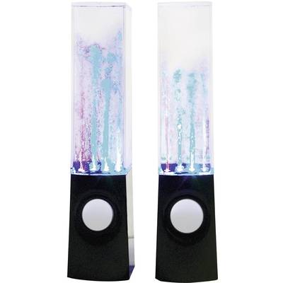 Two black speakers with transparent water containers on top, in which colourful water dances. The lights change in blue and red hues.
