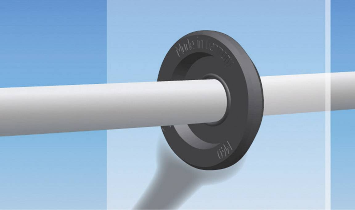 A white rod passes through a black, round insert that is attached to a blue glass surface.