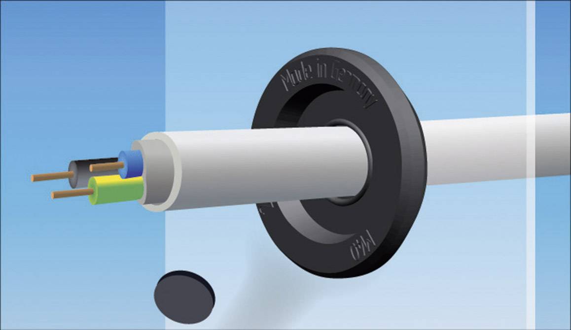 Cable entry through wall with flexible rubber frame and three insulated conductors (brown, blue, yellow/green) clearly visible.