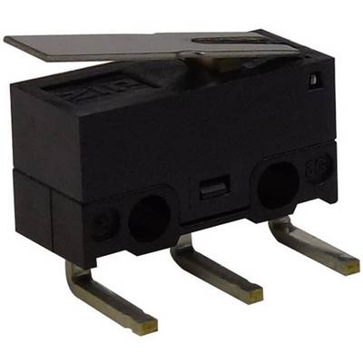 Compact black micro-switch with two metal pins and a lever on top, used in electronic devices for switching purposes.