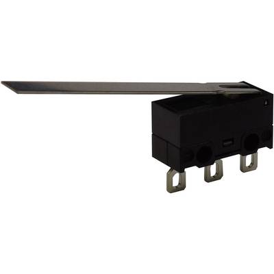 A long lever arm attached to a small black microswitch, with protruding metal pins for electrical connection.