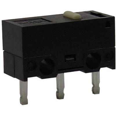 Black micro switch with three metal pins and a small white switch on the top. Suitable for electronic applications.