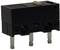 Black micro switch with three metal pins and a small white switch on the top. Suitable for electronic applications.