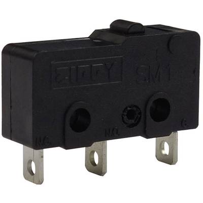 A black micro switch with three metal contacts and a small actuating lever, suitable for electronic devices.