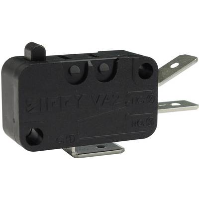 A black micro switch with three terminals, one of the terminals being bent. The housing is marked with technical details.