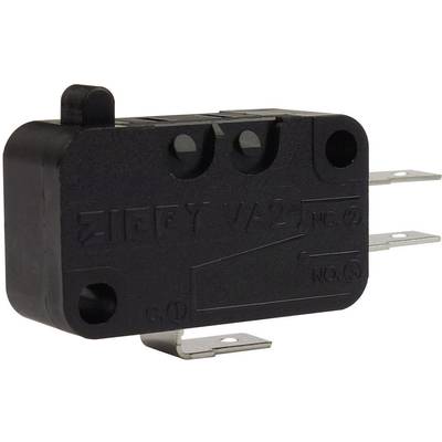 Black microswitch with two mounting holes and three metal terminals. User-friendly, robust and versatile.