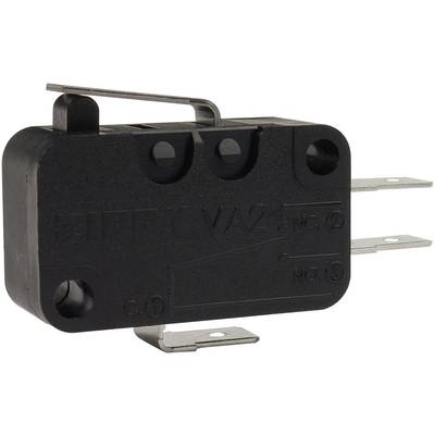 Black micro switch with three metal connections and a small lever. Frequently used for electrical controls or devices.