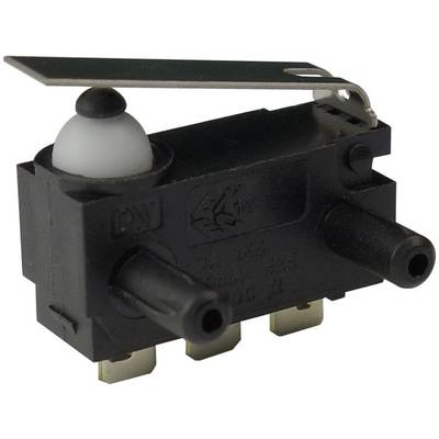 A black microswitchBlack microswitch with a white press cap and a metal lever on top.
