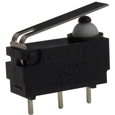 A black micro switch with a lever and three metal pins; used for electrical control mechanisms.
