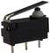 A black micro switch with a lever and three metal pins; used for electrical control mechanisms.