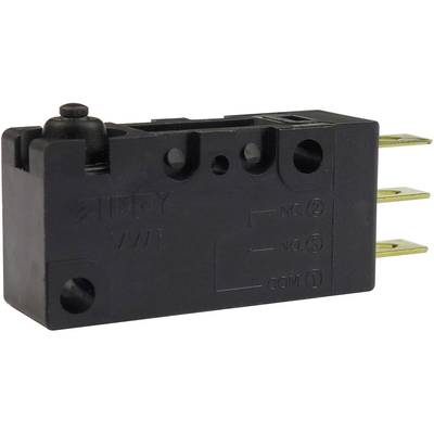 A black microswitich with three golden terminals. The switch is labelled with the markings 'NO', 'NC', and 'COM'.