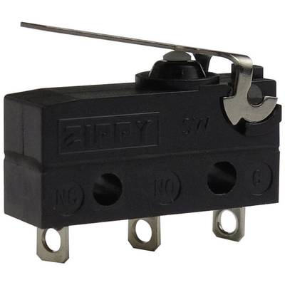 Black micro switch with three terminal blocks and lever, suitable for electrical controls and mechanical triggers.