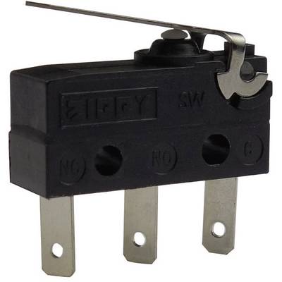 A black microswitch with a lever arm and three metal terminals.