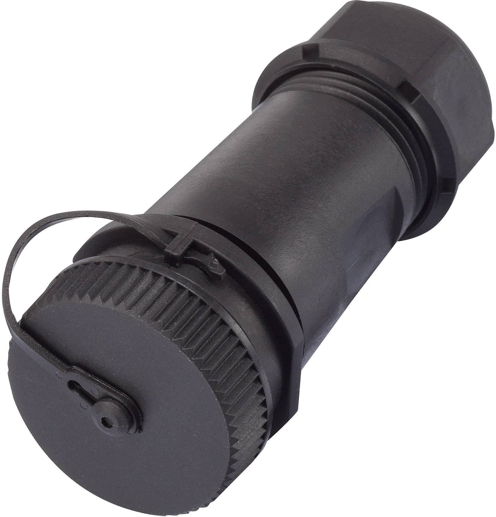 A black, cylindrical plastic container with a knurled screw lid and a wire loop on the side.