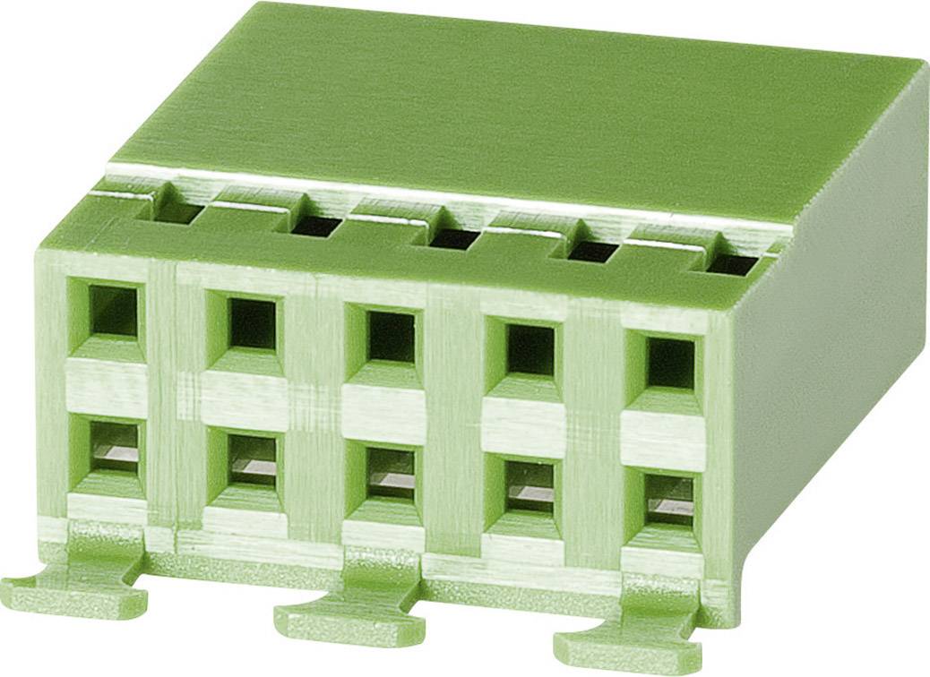 Green electrical connector with five terminals, used for connecting wires in electronic devices.